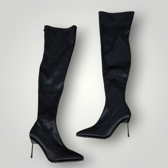 Kurt Geiger Black Satin Pointed Toe Over The Knee Stiletto Boots Size 38 - Picture 1 of 5